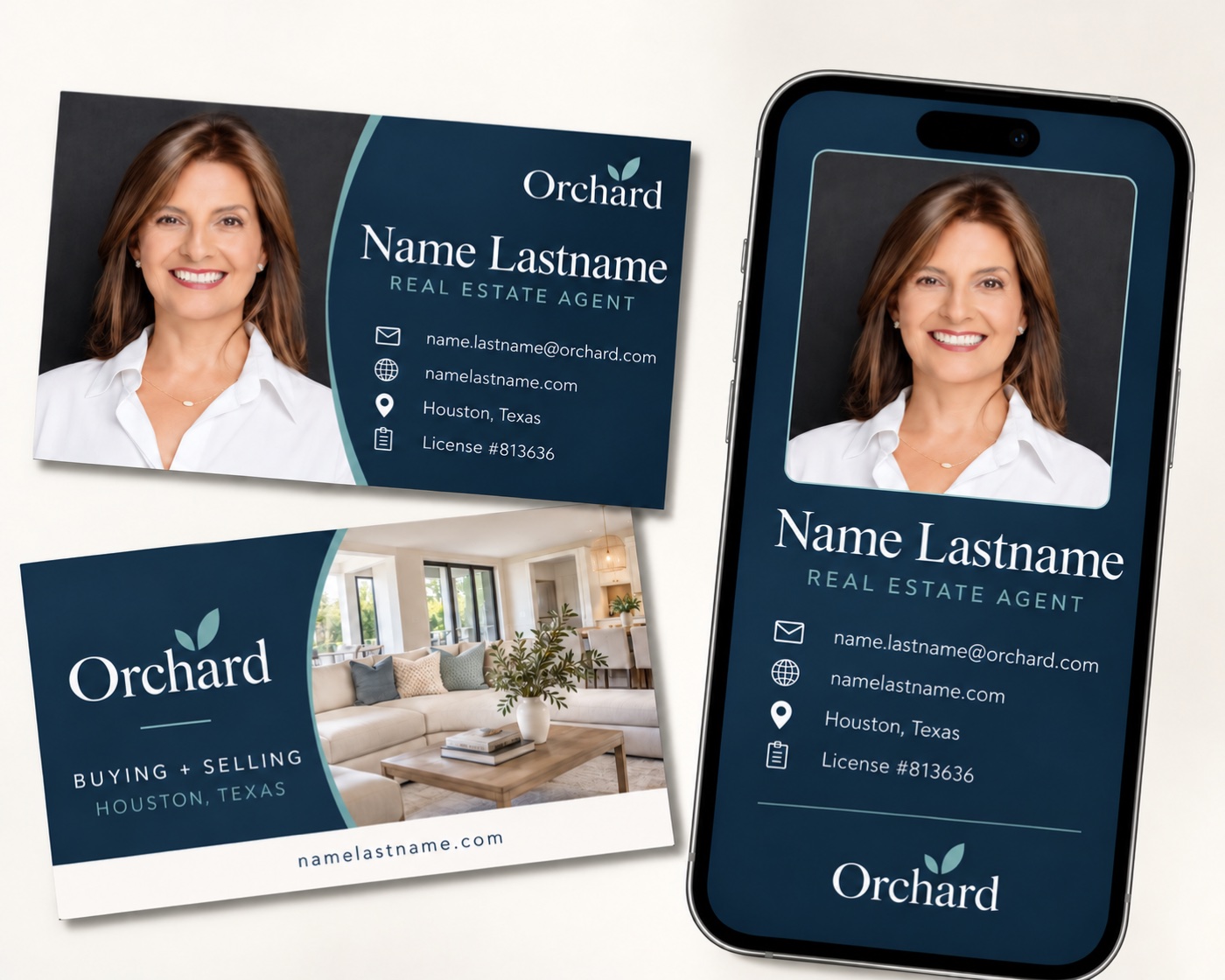 Business card design mockup with a sample name and professional headshot