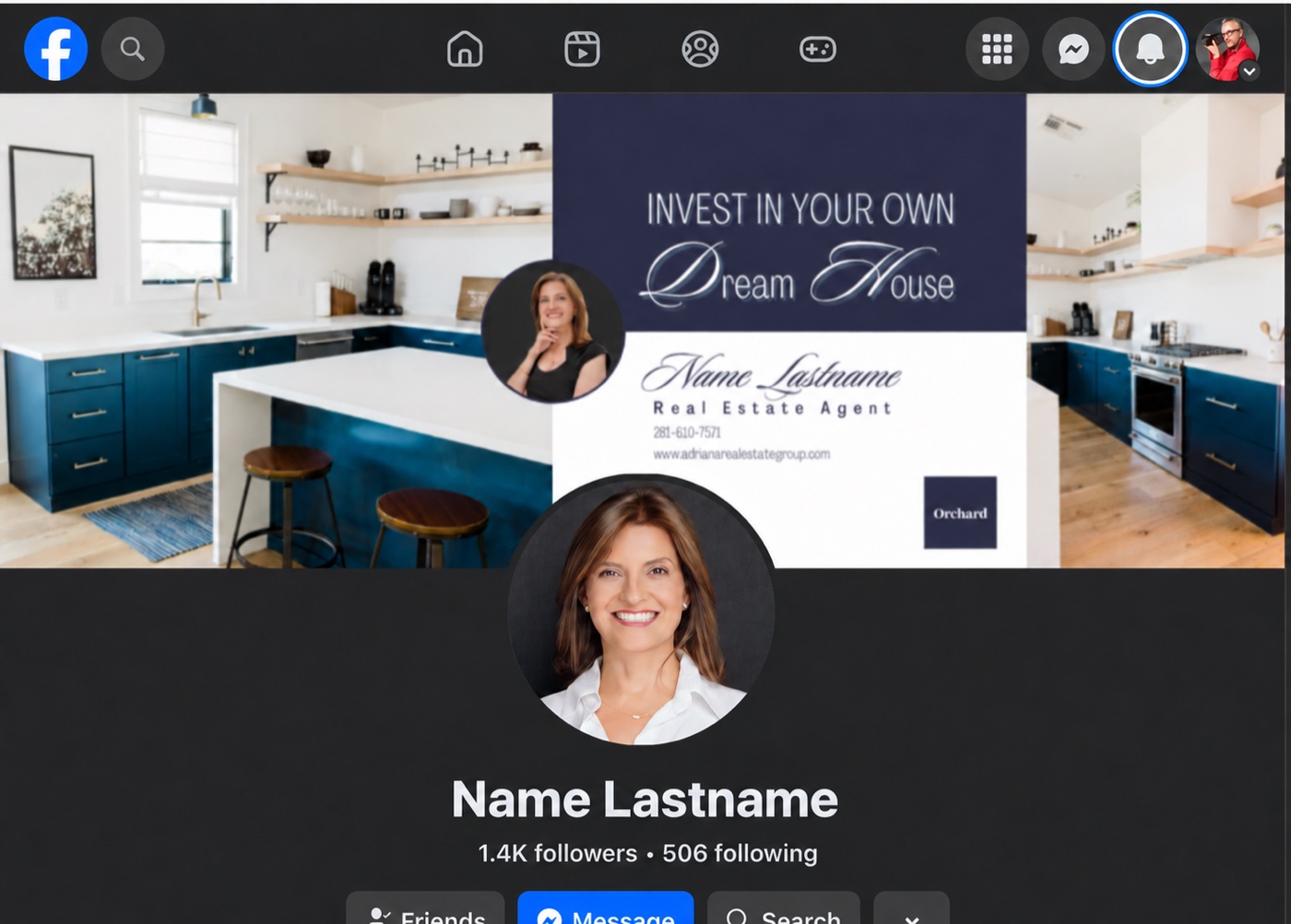 Facebook page mockup with a sample name and professional headshot