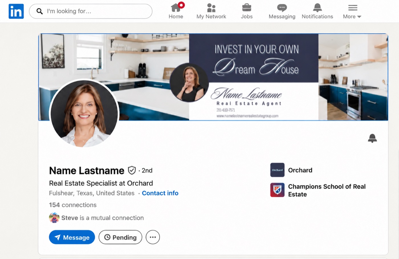 LinkedIn profile mockup with a sample name and professional headshot