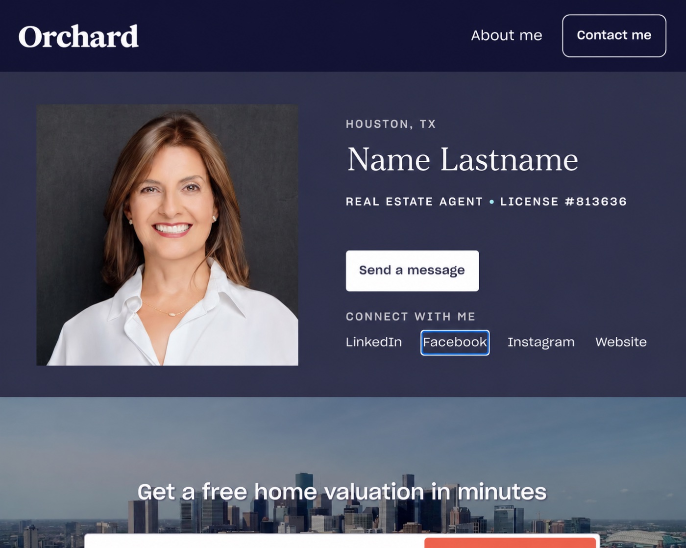 Orchard agent profile mockup with a sample name and professional headshot
