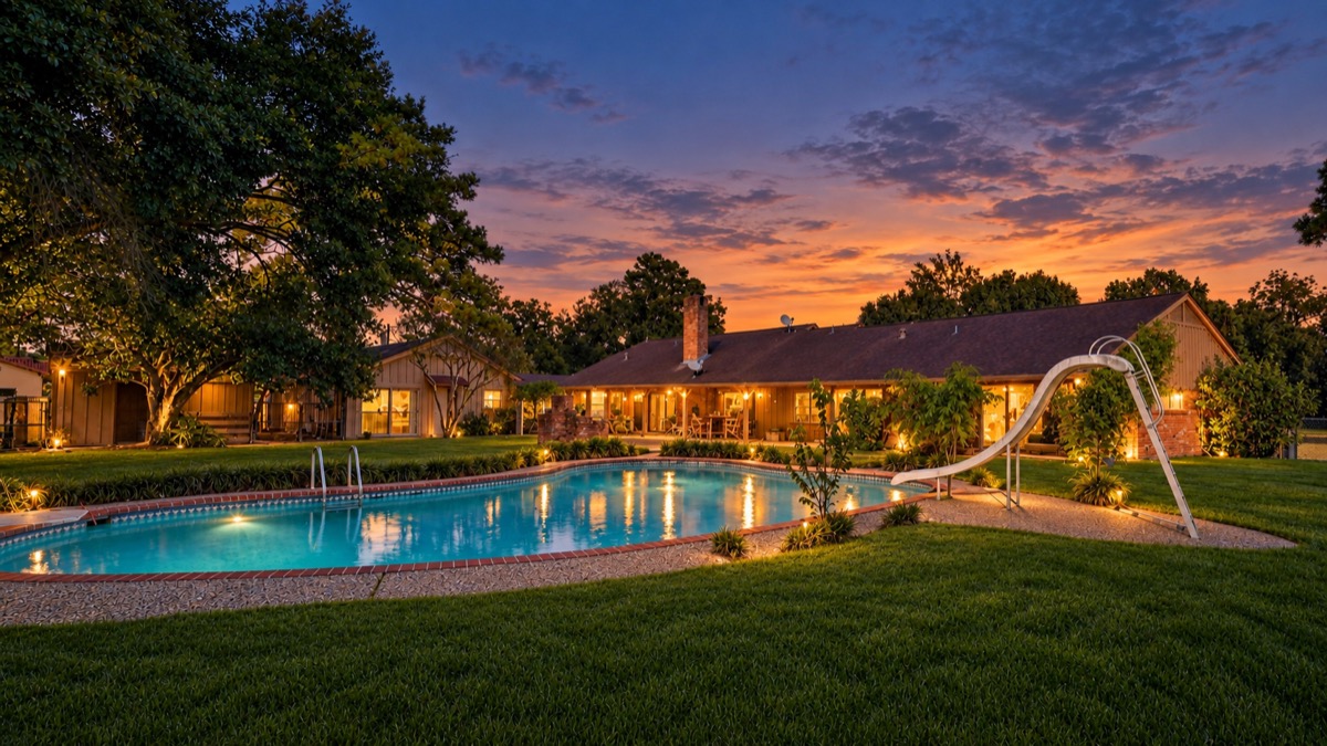 Illuminated home and swimming pool beneath a sunset sky