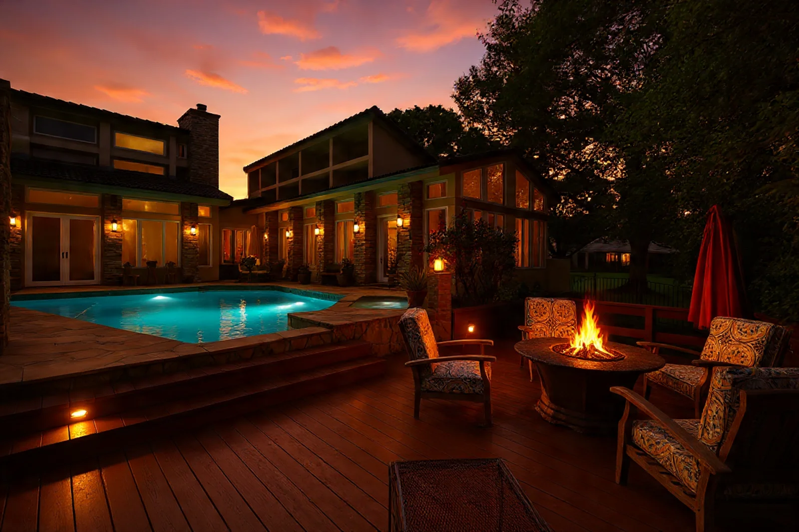 Pool, deck and outdoor seating, twilight