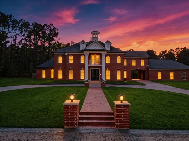 Brick home with a columned entrance, warm window light and a colourful twilight sky