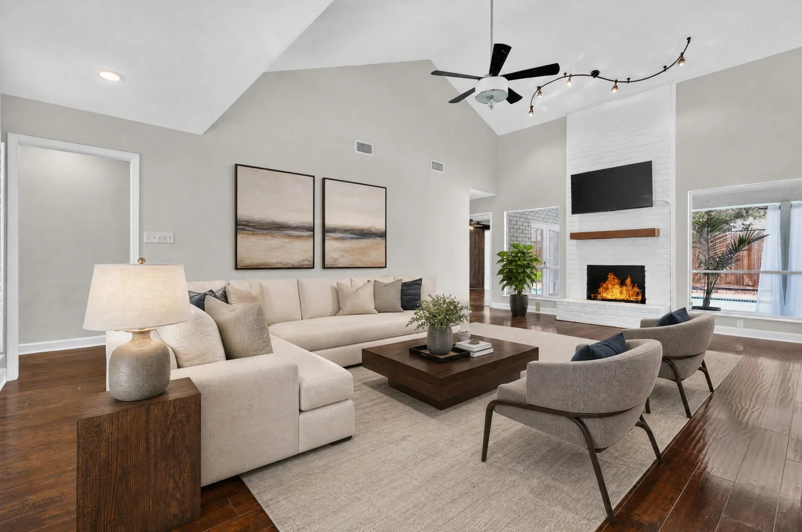 Virtually staged living room with fireplace