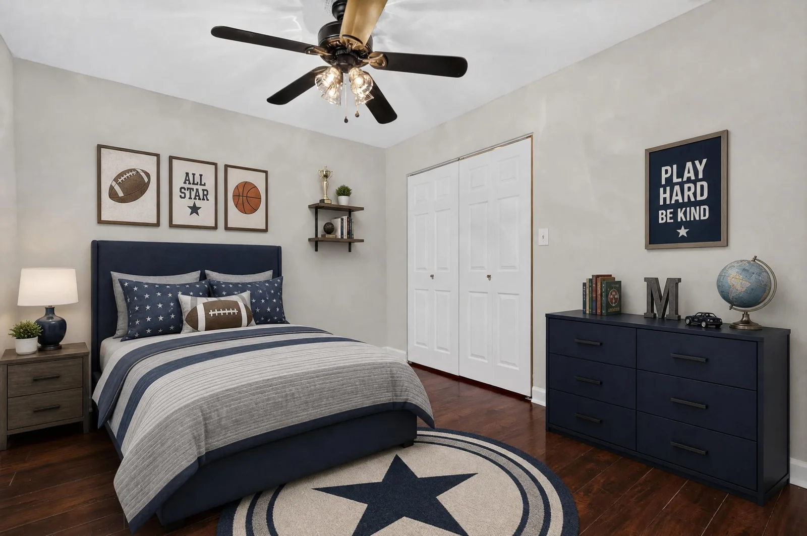 Virtually staged bedroom with sports-inspired furnishings