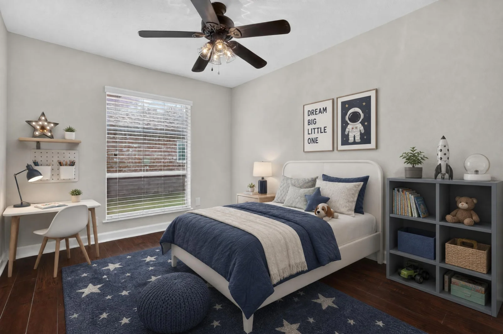 Virtually staged bedroom with a study corner