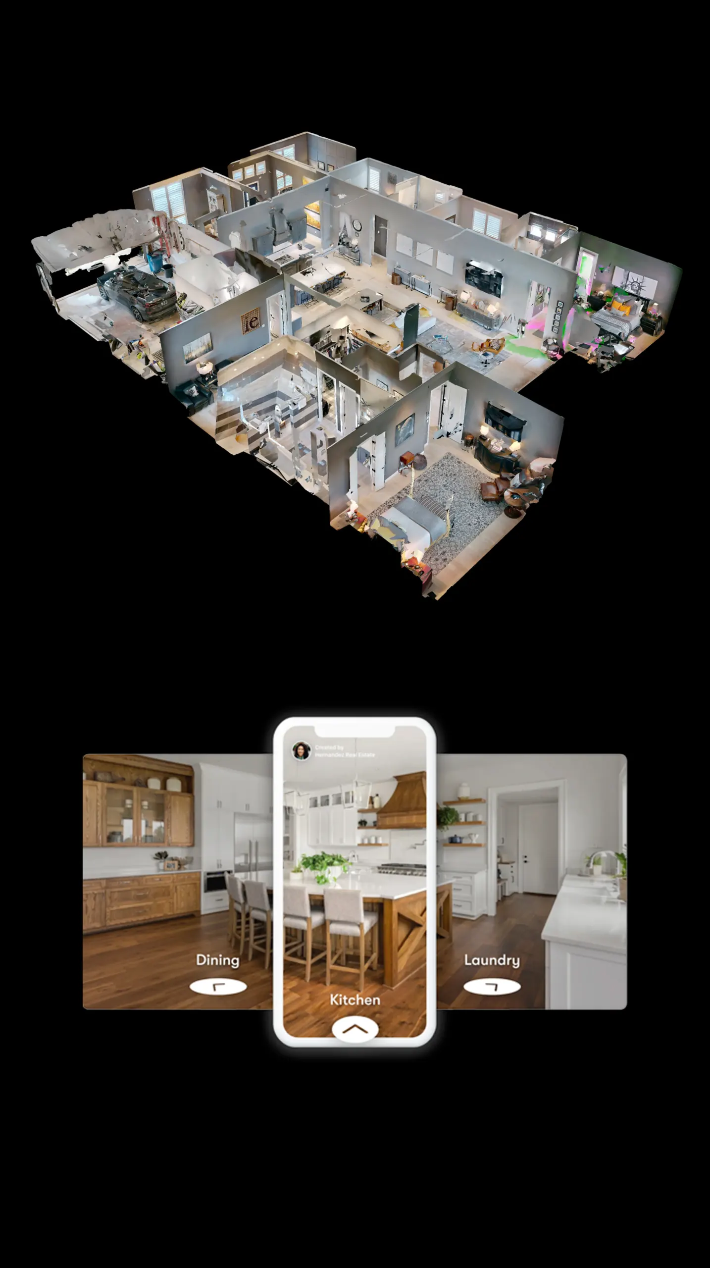 3D dollhouse view and interactive home tour displayed on a phone