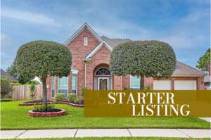 Brick house with unique round trees, starter listing media bundle