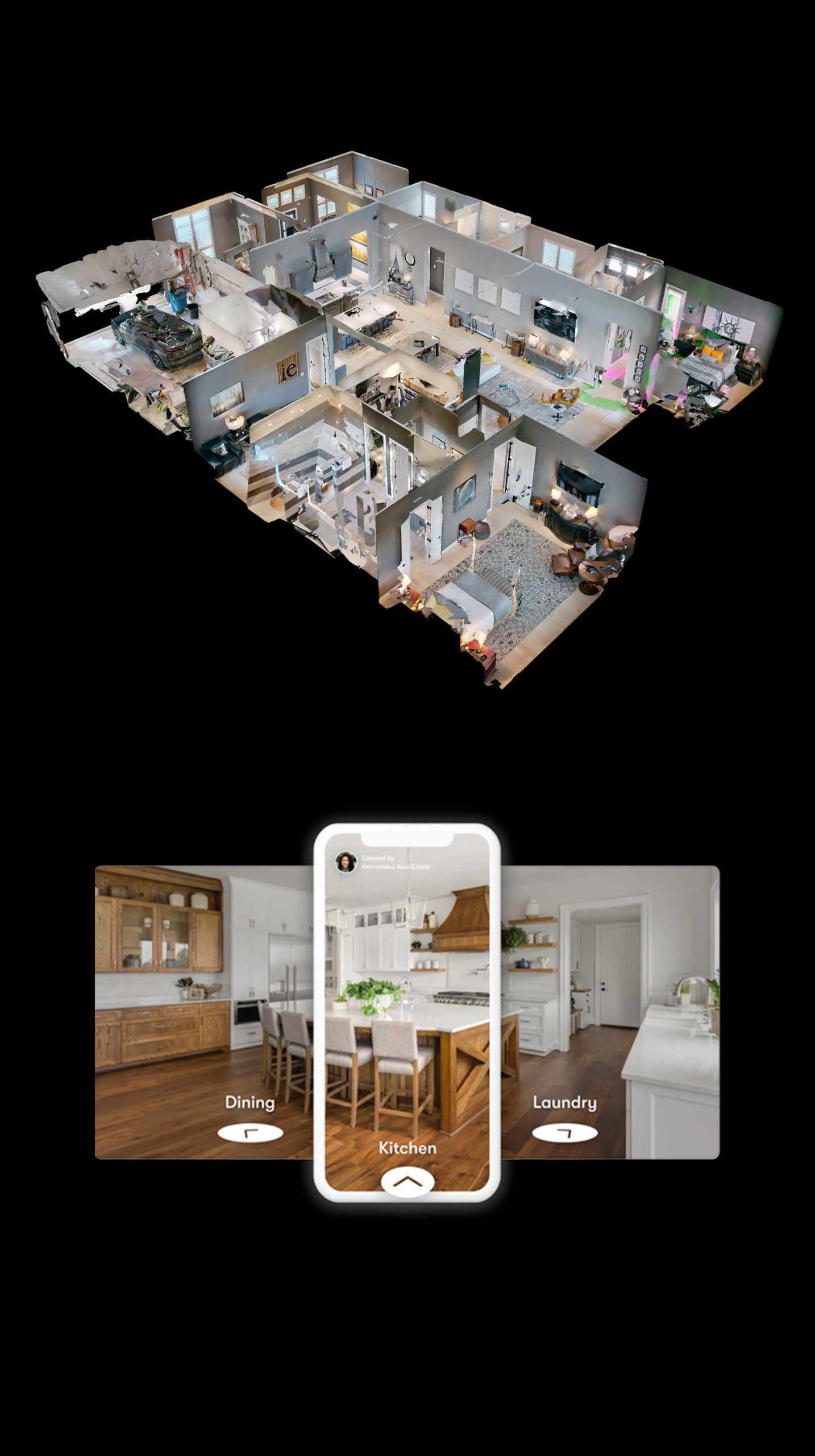 3D dollhouse view and interactive home tour displayed on a phone