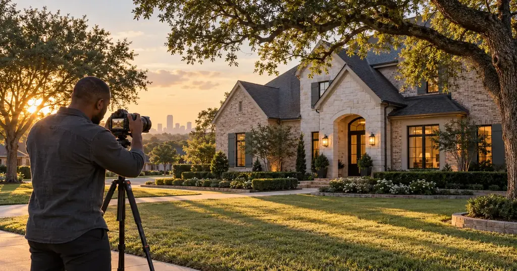 Real estate photographer photographing a Houston home in warm late-afternoon light