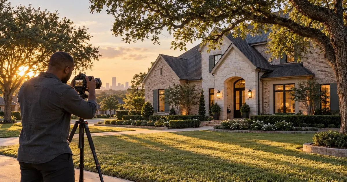 Real estate photographer photographing a Houston home in warm late-afternoon light