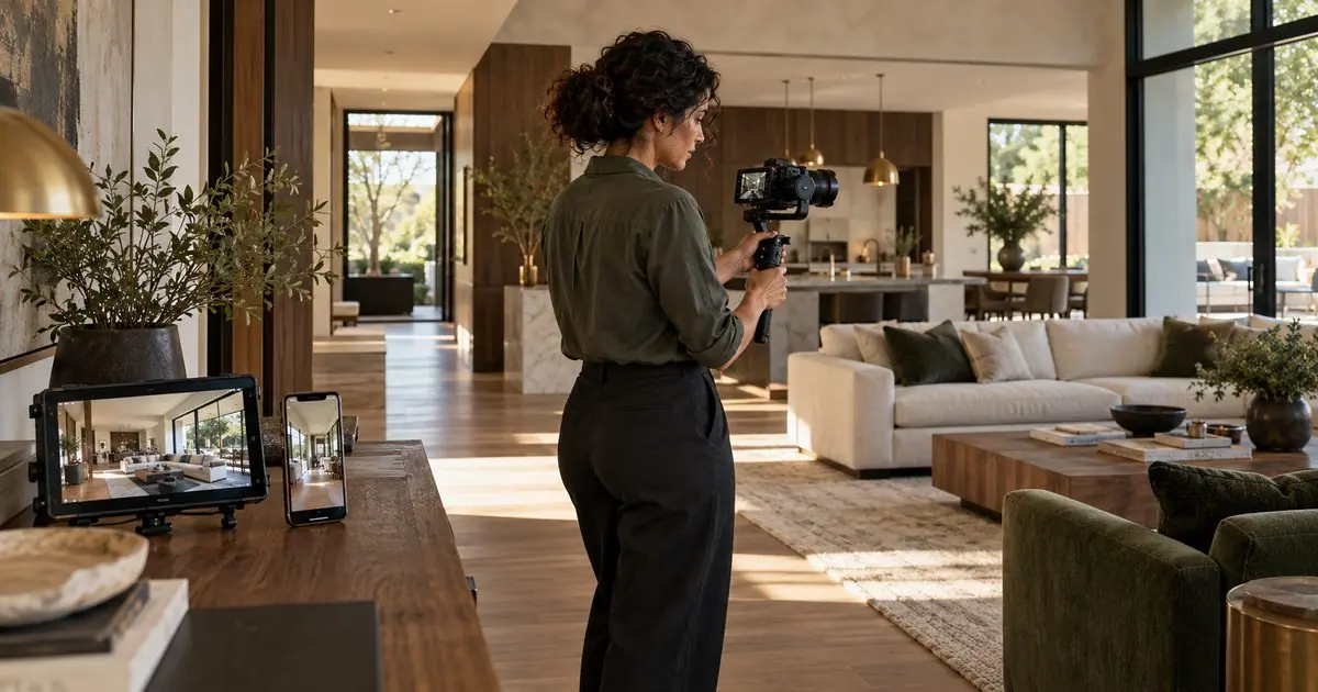 Real estate videographer filming a Houston listing, with horizontal and vertical video previews