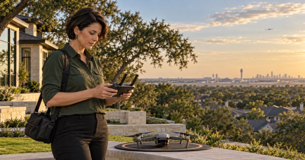 Real estate aerial photographer checking a drone controller beside a Houston listing