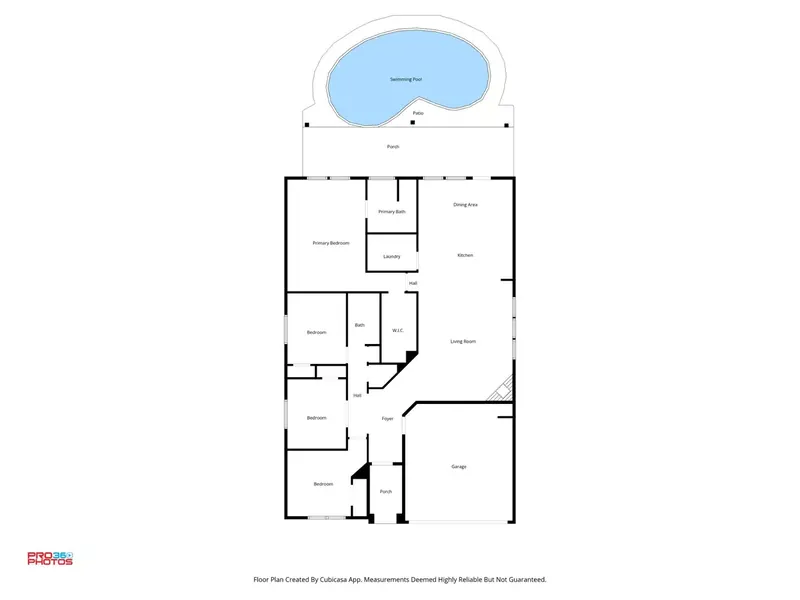 Single-story home floor plan with labeled rooms, garage and swimming pool