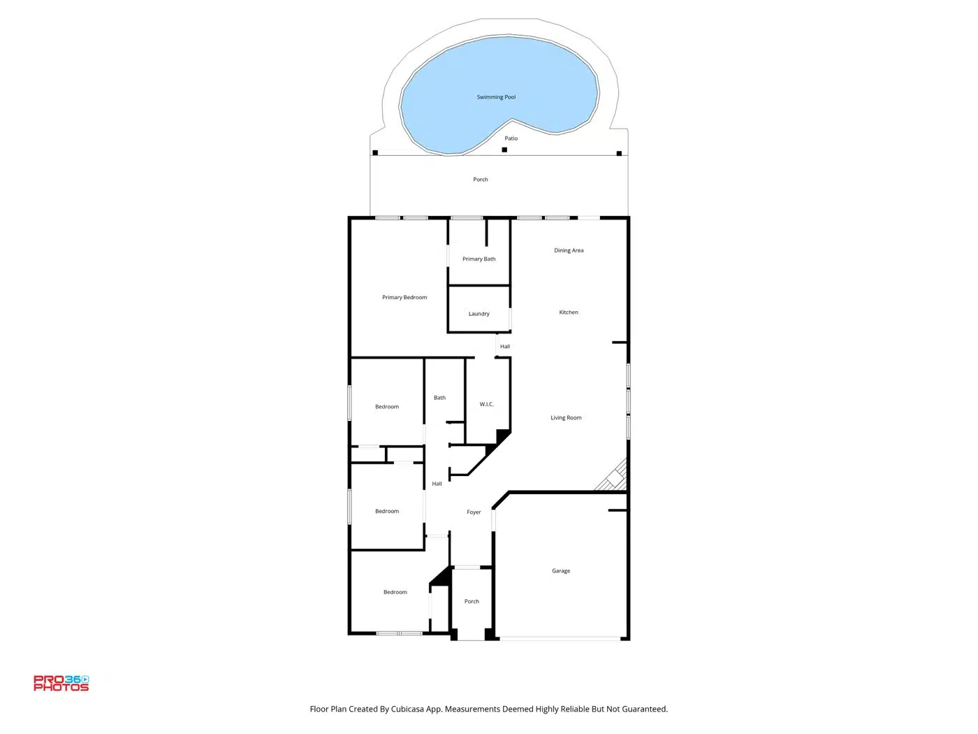 Single-story home floor plan with labeled rooms, garage and swimming pool