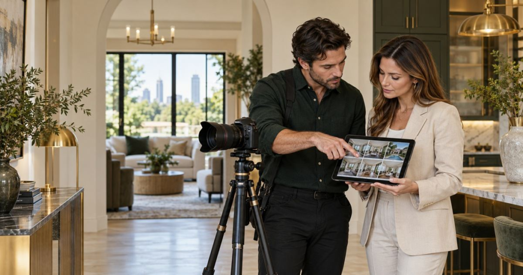 Real estate photographer and agent reviewing listing photos