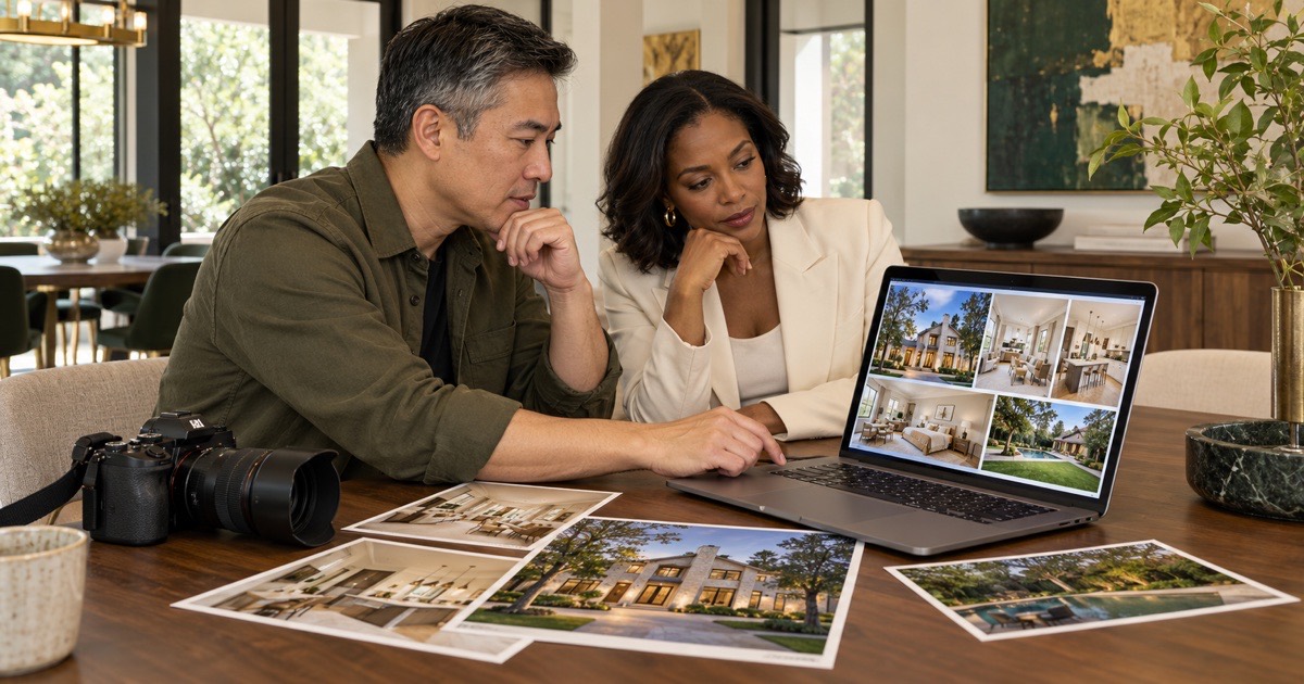 Real estate photographer and Realtor reviewing a selection of listing photos and choosing a lead exterior image
