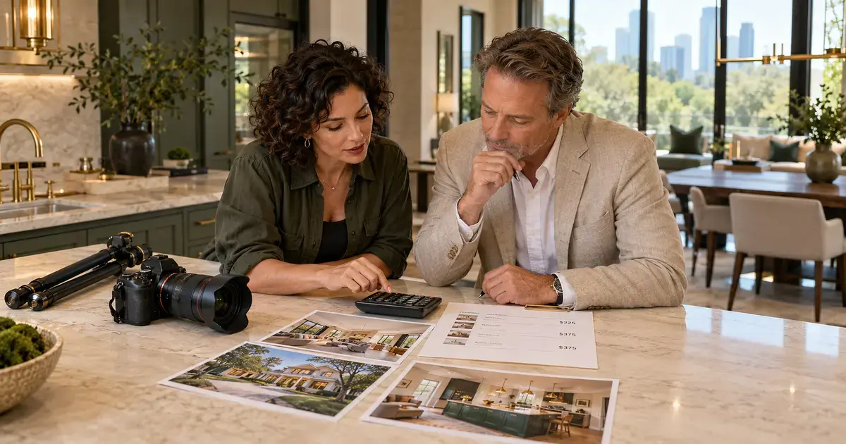 Real estate photographer and Realtor reviewing Houston listing shoot prices and photography packages