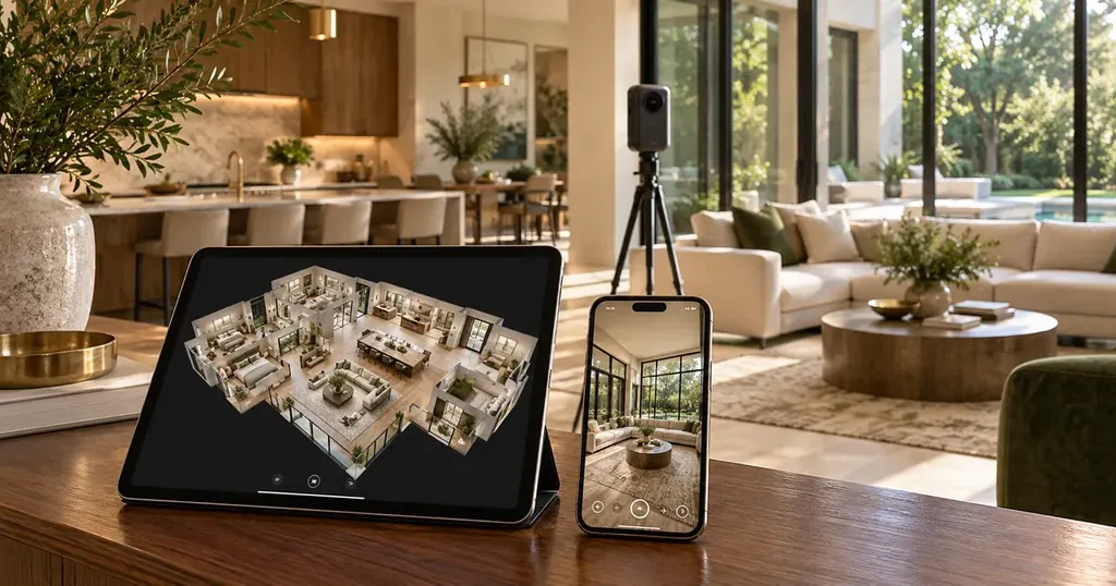 3D home tour shown as a dollhouse on a tablet and a room panorama on a phone beside a 360 camera