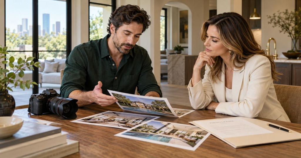 Photographer and Realtor discussing listing photos and a photo license