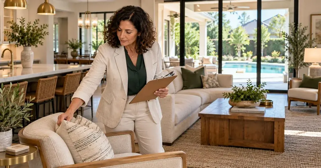 Realtor preparing a Houston home's living room for listing photos, with the backyard pool beyond