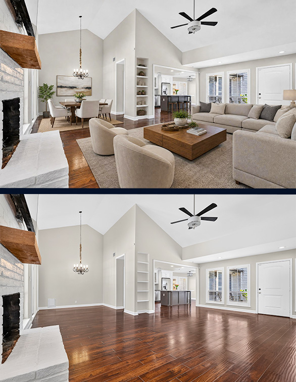 Furnished and empty versions of the same living and dining room